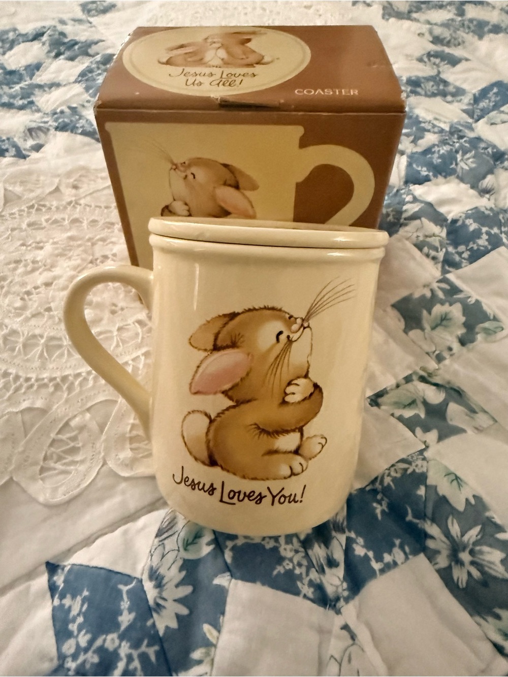 Vintage Hallmark Mug Mates w Lid Jesus Loves Me and You Bunny Rabbit Mug 10 oz